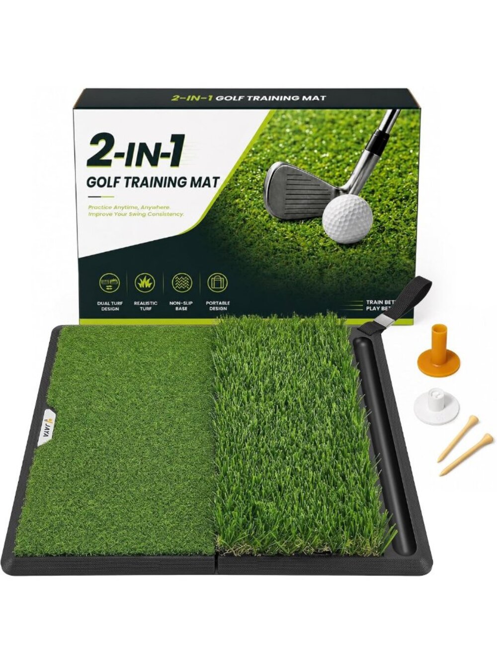 Heavy Duty 20x17 Golf Hitting Mat - Dual Turf, Non-Slip Base, Foldable for